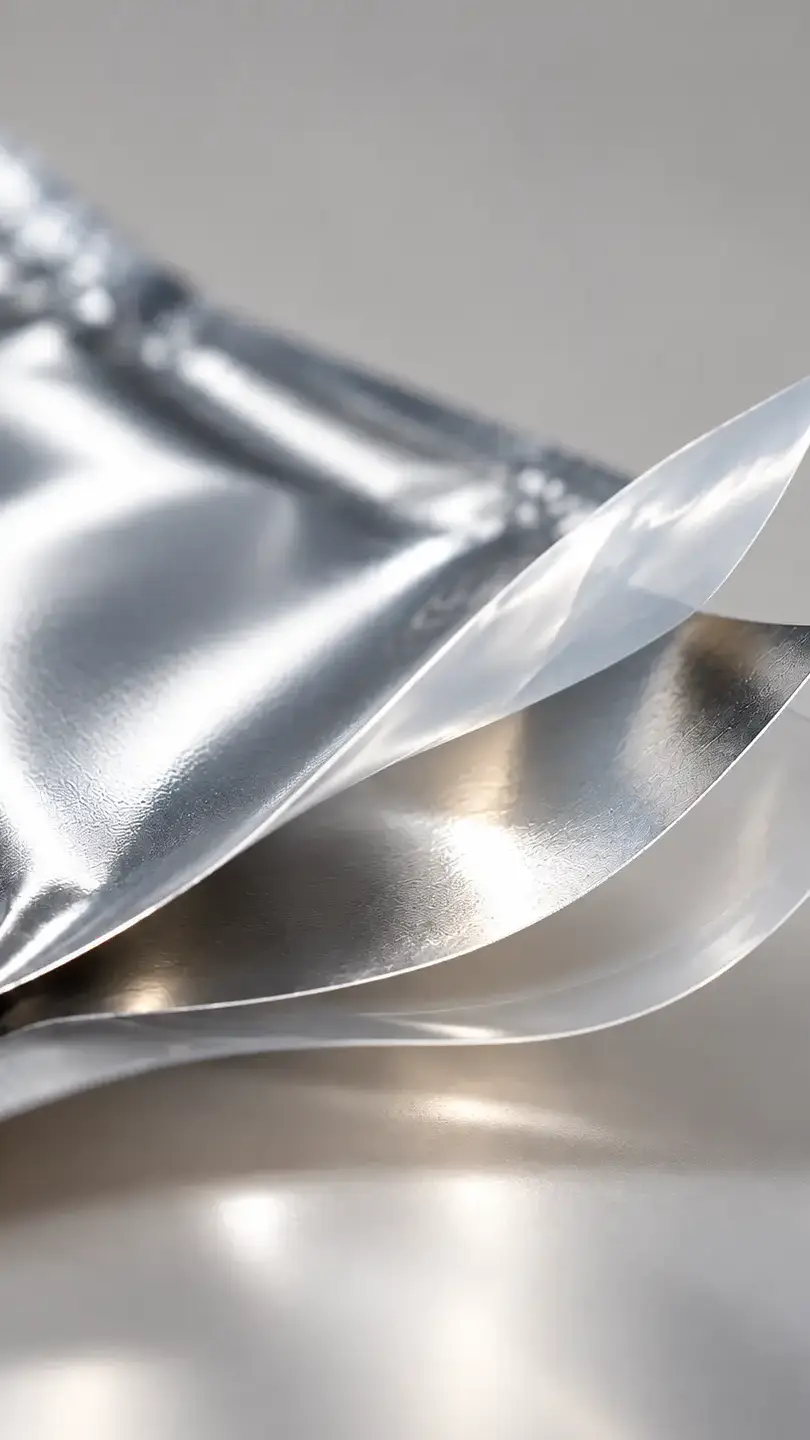 Envase de barrera de película multicapa de aluminio para dispositivos móviles | Encanto Nutraceutica Película multicapa para embalaje con barrera: capa exterior impresa, lámina de aluminio y película interior de sellado